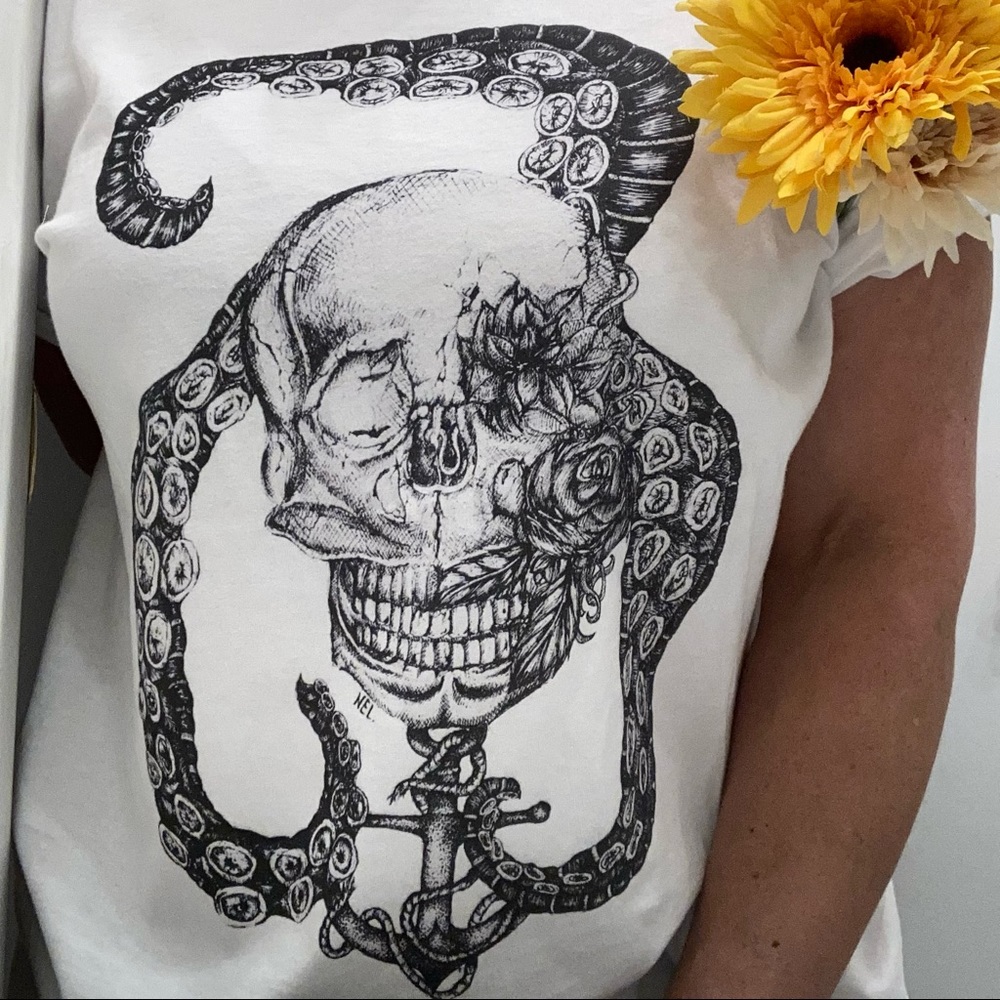 OFFERS Original Artwork OOAK Unisex skull octopus floral anchor print t…